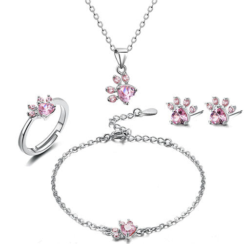 Rose Gold Paw Jewelry Set – 4 Pieces with Zirconia Heart
