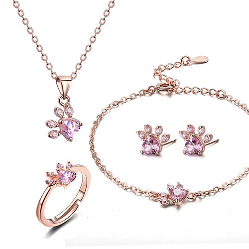 Rose Gold Paw Jewelry Set – 4 Pieces with Zirconia Heart