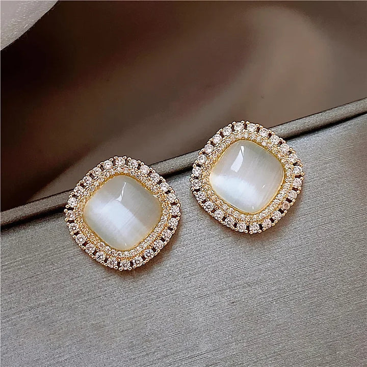 Chic Square Opal and CZ Crystal Stud Earrings
