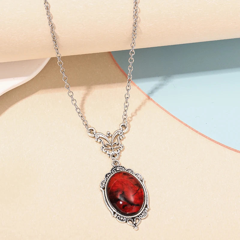 Gothic Red Quartz Oval Pendant Necklace