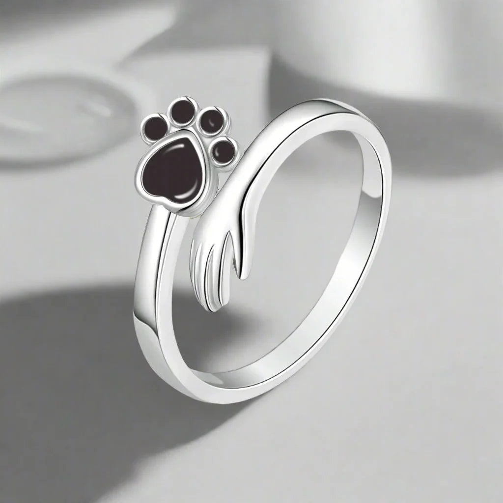 Silver Adjustable Ring – Hand and Paw Print Design