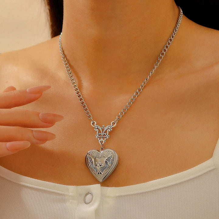 Gothic Bat Heart Locket Necklace