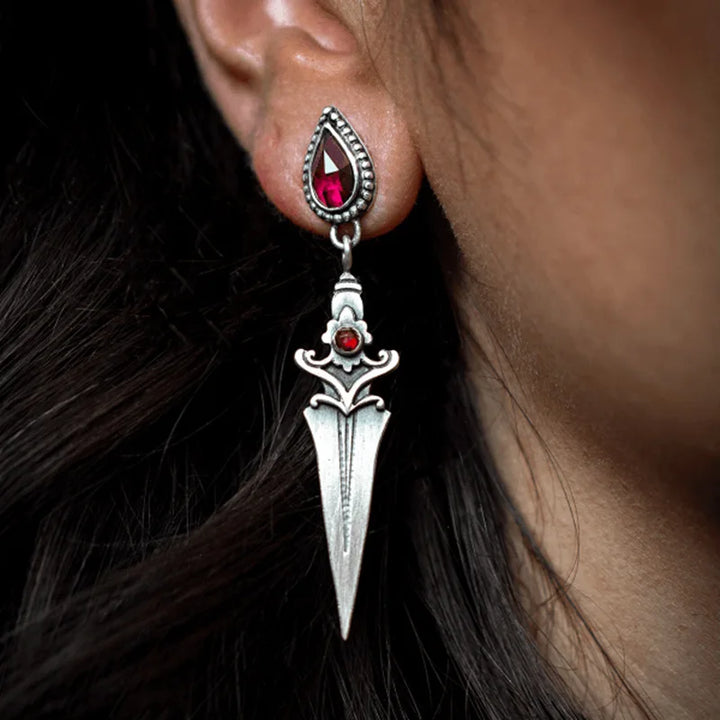 Gothic Sword Dangle Earrings with Red Gemstone