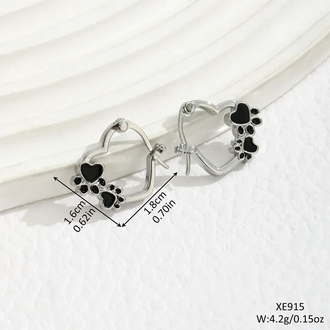 Heart Paw Huggie Earrings with Black Enamel