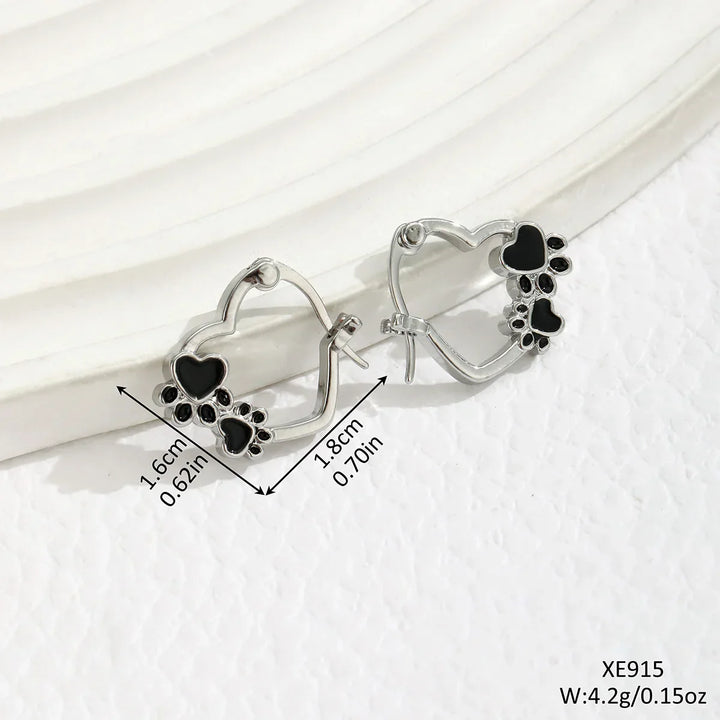 Heart Paw Huggie Earrings with Black Enamel