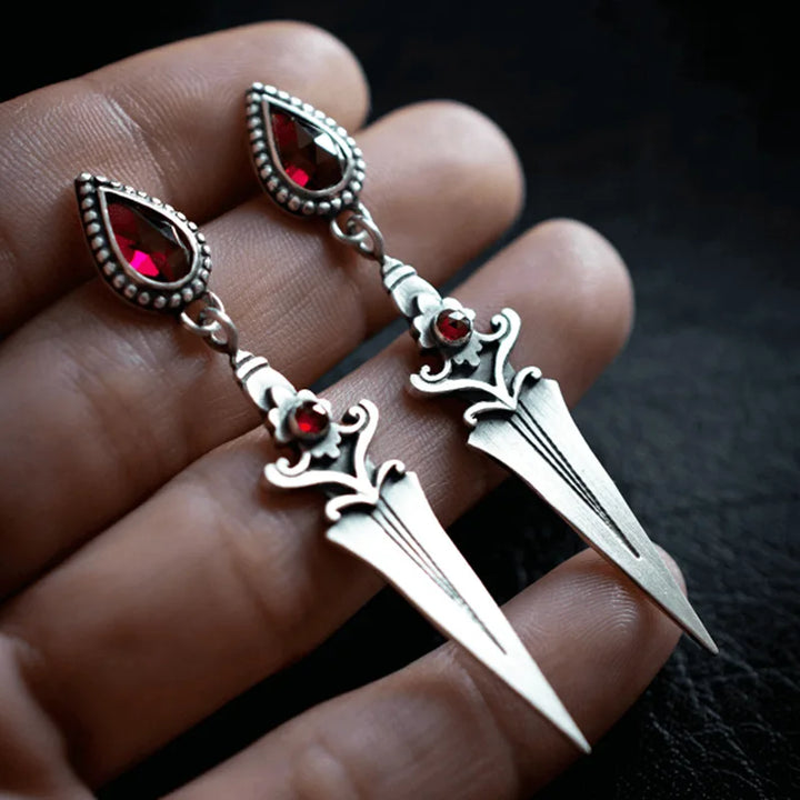 Gothic Sword Dangle Earrings with Red Gemstone