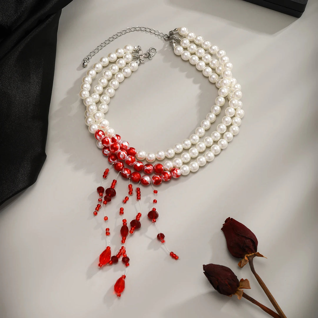 Gothic Pearl Choker with Red Bead Tassels