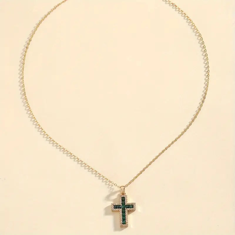 Emerald Cross Pendant Gold Necklace