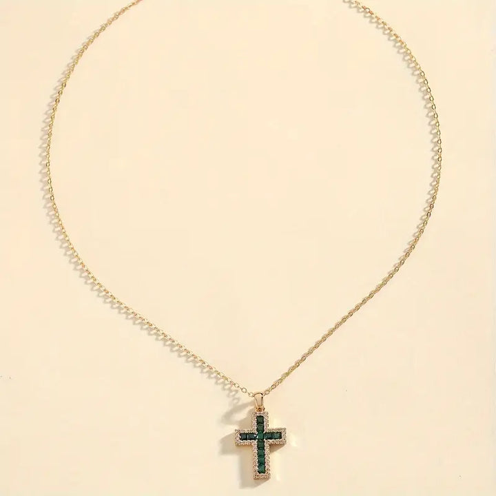 Emerald Cross Pendant Gold Necklace