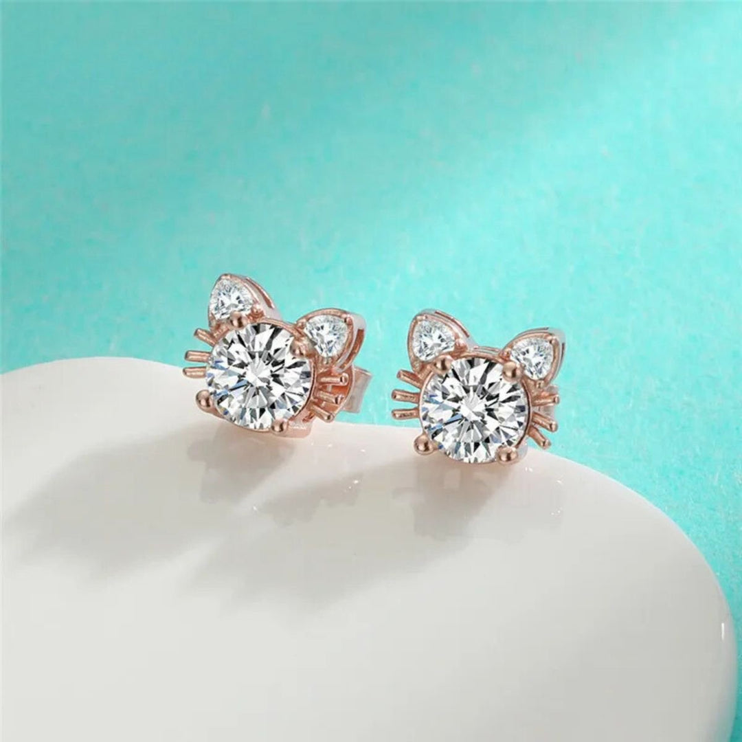 Moissanite Rose Gold Cat Stud Earrings in Silver