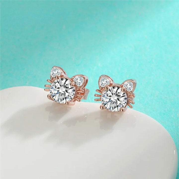 Moissanite Rose Gold Cat Stud Earrings in Silver