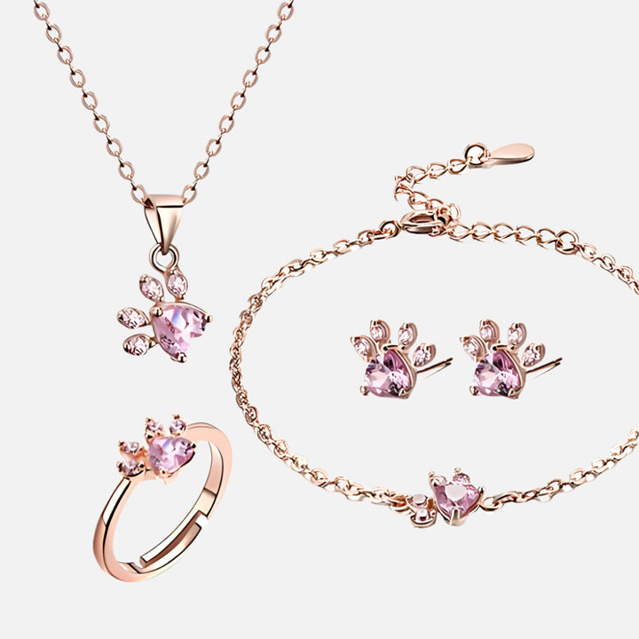 Rose Gold Paw Jewelry Set – 4 Pieces with Zirconia Heart