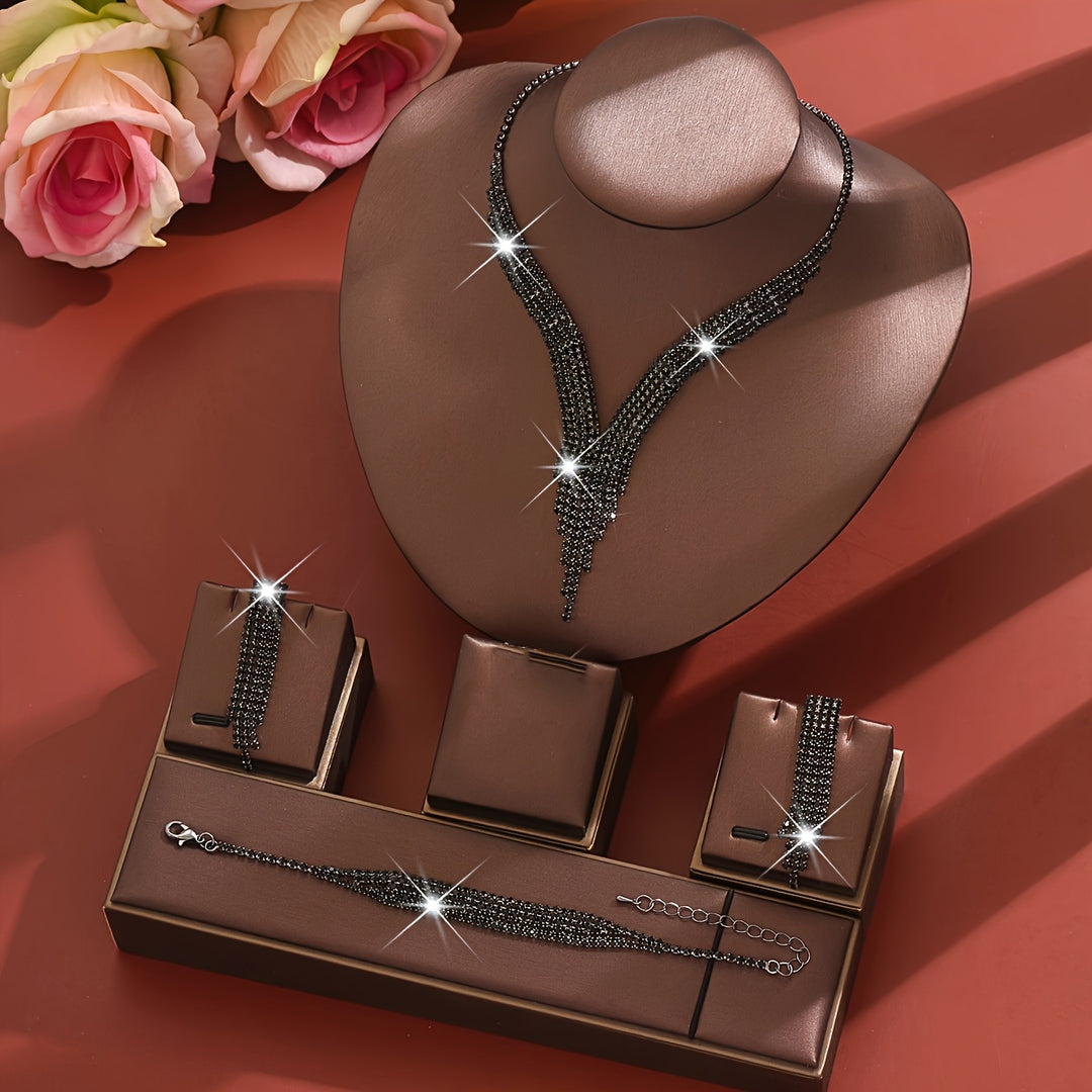 Elegant Rhinestone Silver Necklace and Bracelet Set