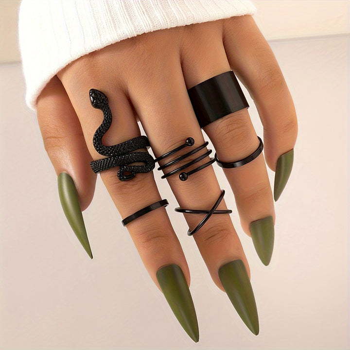 Black Snake & Geometric Ring Set