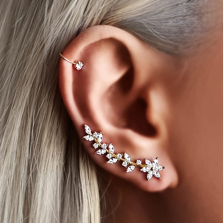Elegant Glass Rhinestone Leaf Stud Earrings
