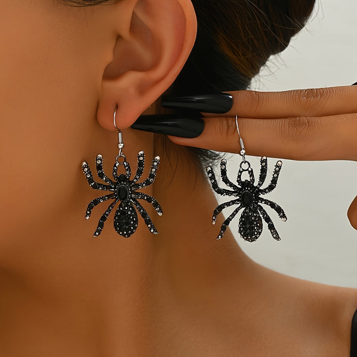 Gothic Black Rhinestone Spider Dangle Earrings