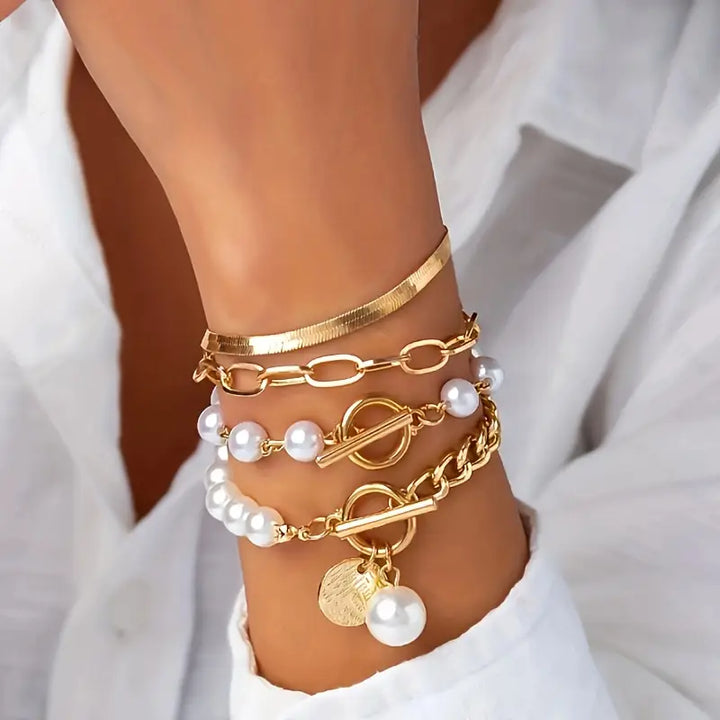 Elegant 4-Piece Gold Bracelet Set – Snake, Pearls and Links