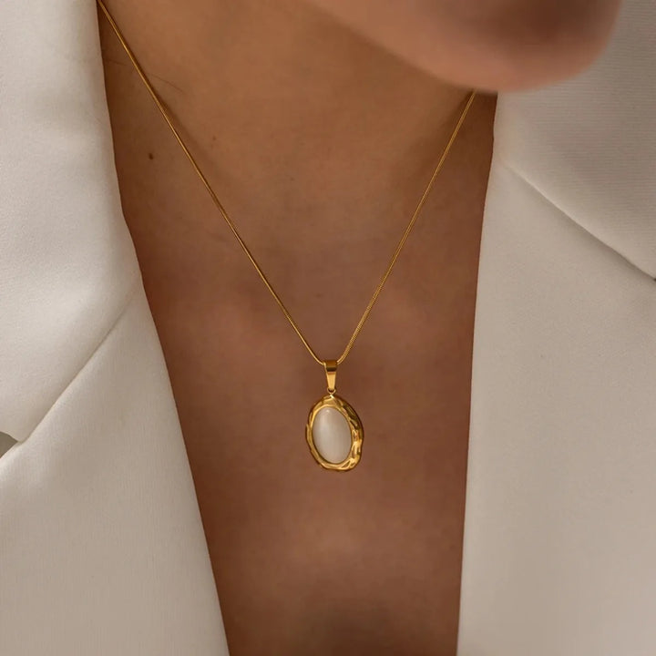 Gold Plated Oval Cat Eye Opal Necklace
