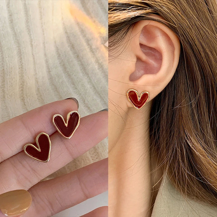 Elegant Wine Red Heart Enamel Stud Earrings