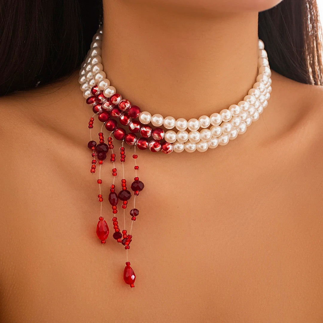 Gothic Pearl Choker with Red Bead Tassels