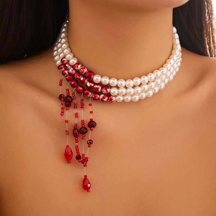 Gothic Pearl Choker with Red Bead Tassels