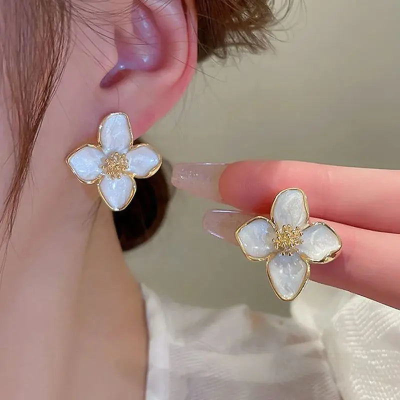 Elegant White Enamel Floral Drop Earrings