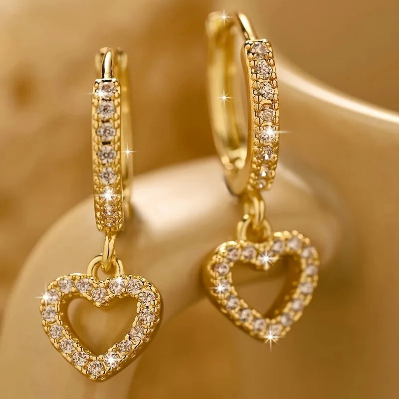 Sophisticated Gold Love Drop Zircon Earrings