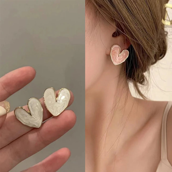 Elegant Wine Red Heart Enamel Stud Earrings