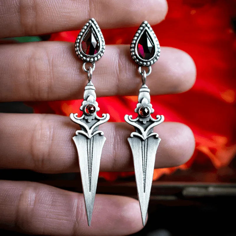 Gothic Sword Dangle Earrings with Red Gemstone