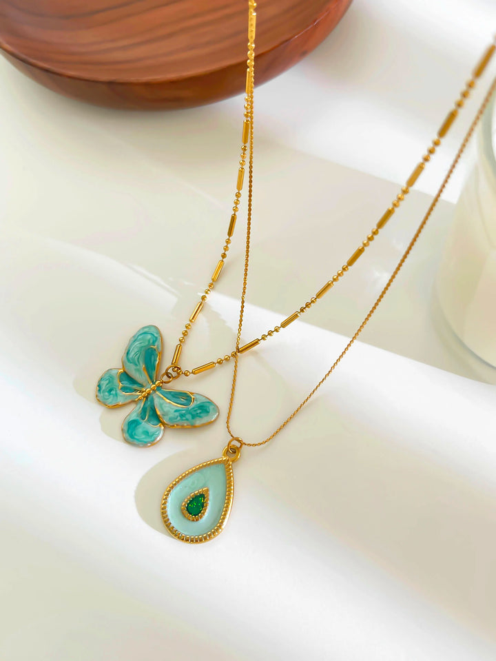 Cute Blue Butterfly Waterdrop Necklace Set