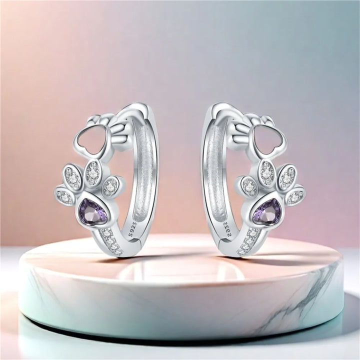 Paw Huggie Earrings Silver – With Zirconia and Heart Gem