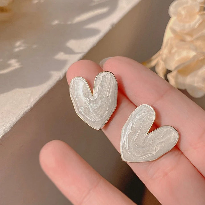 Elegant Wine Red Heart Enamel Stud Earrings