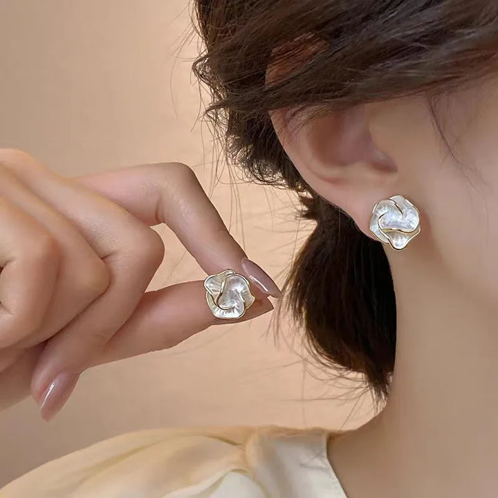 Elegant White Enamel Layered Flower Stud Earrings