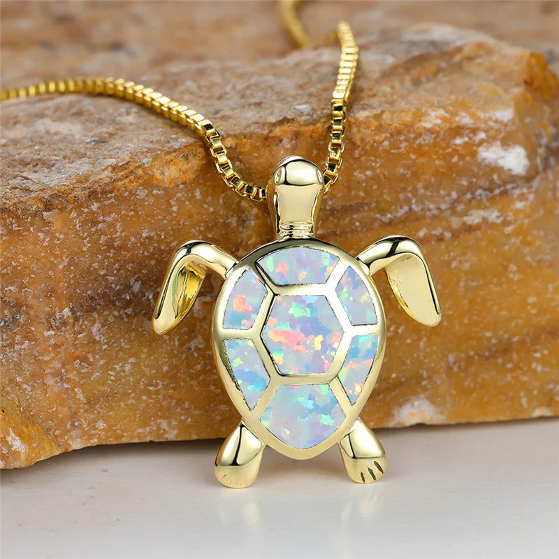 Vintage Gold Green Fire Opal Turtle Pendant Necklace