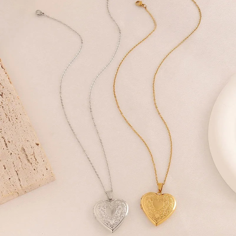 Vintage Heart Embossed Photo Locket Necklace