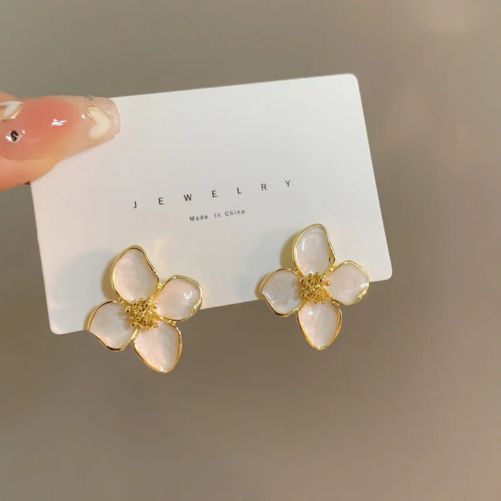 Elegant White Enamel Floral Drop Earrings