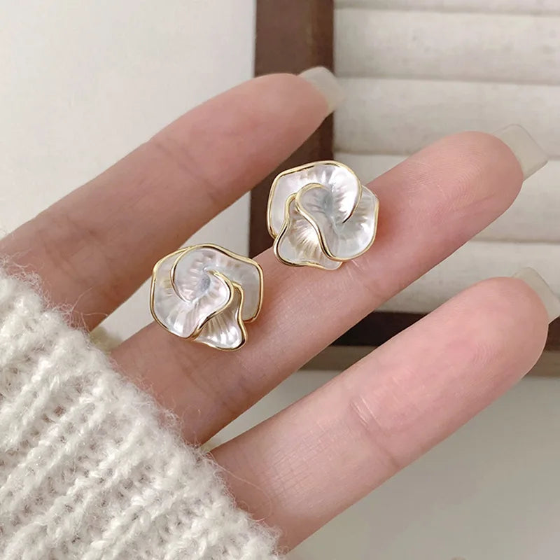 Elegant White Enamel Layered Flower Stud Earrings