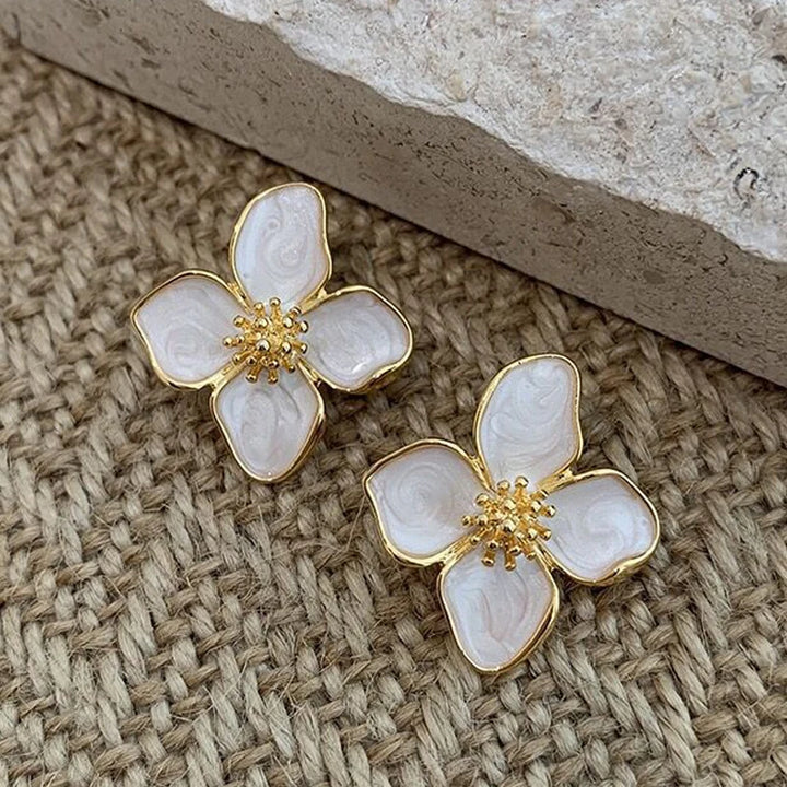 Elegant White Enamel Floral Drop Earrings
