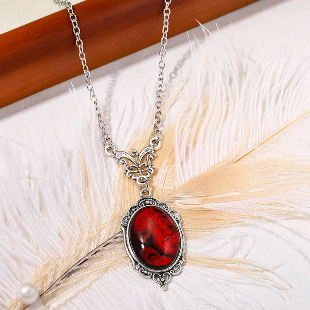 Gothic Red Quartz Oval Pendant Necklace