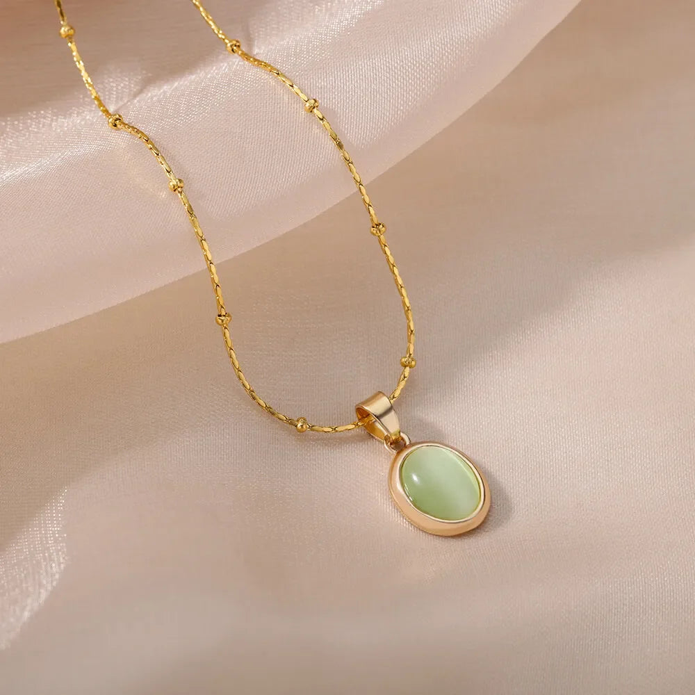 Chic Gold Stainless Steel Water Drop Opal Pendant Necklace