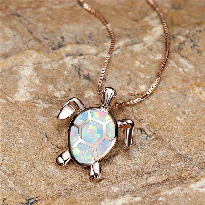 Vintage Gold Green Fire Opal Turtle Pendant Necklace