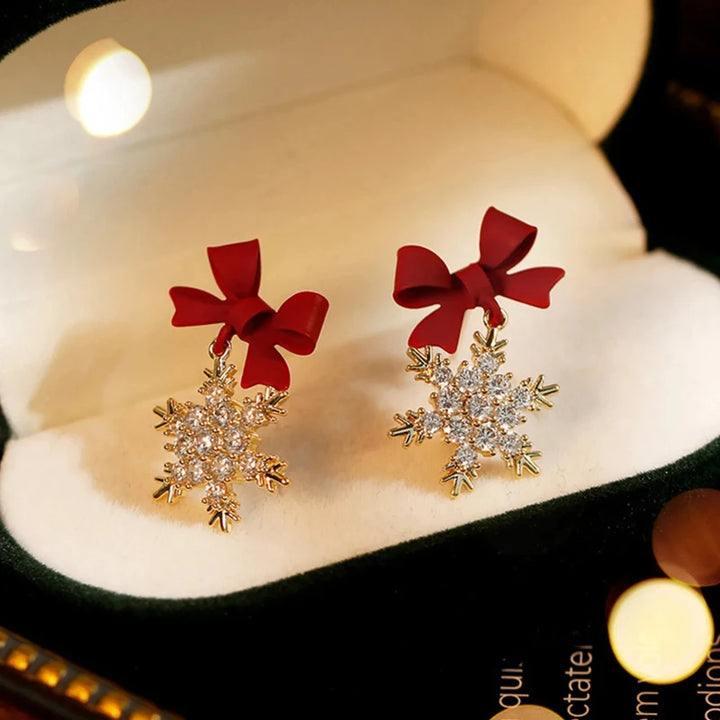 Chic Red Bow Snowflake Drop Earrings