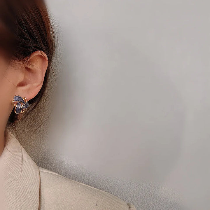 Vintage Purple Enamel Hollow Flower Stud Earrings