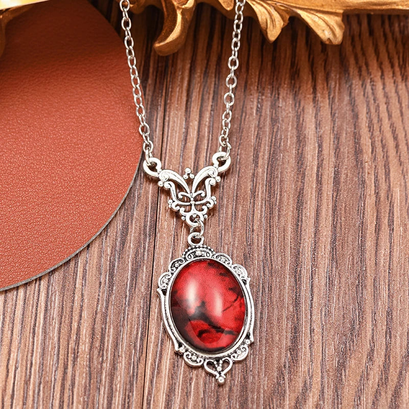 Gothic Red Quartz Oval Pendant Necklace
