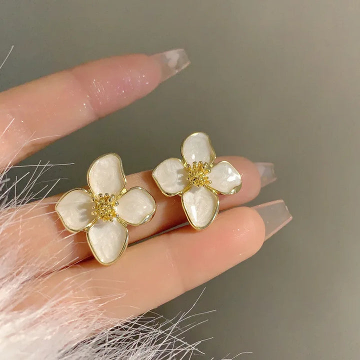 Elegant White Enamel Floral Drop Earrings