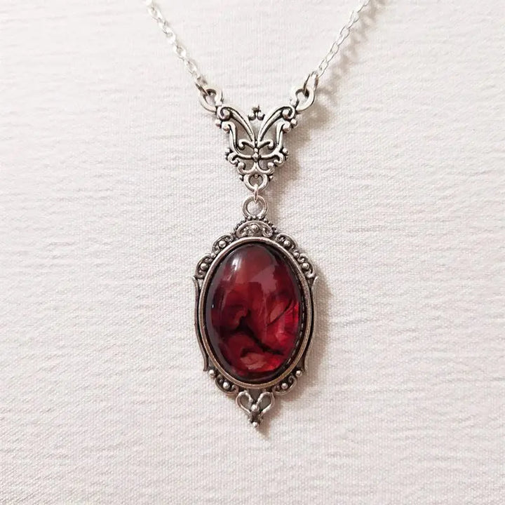 Gothic Red Quartz Oval Pendant Necklace