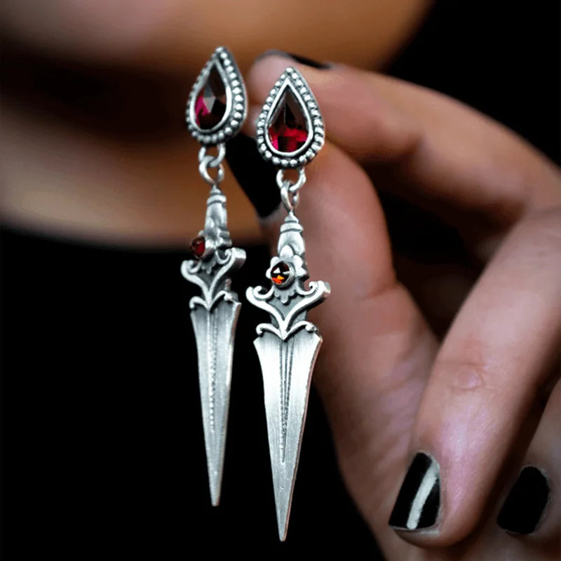 Gothic Sword Dangle Earrings with Red Gemstone