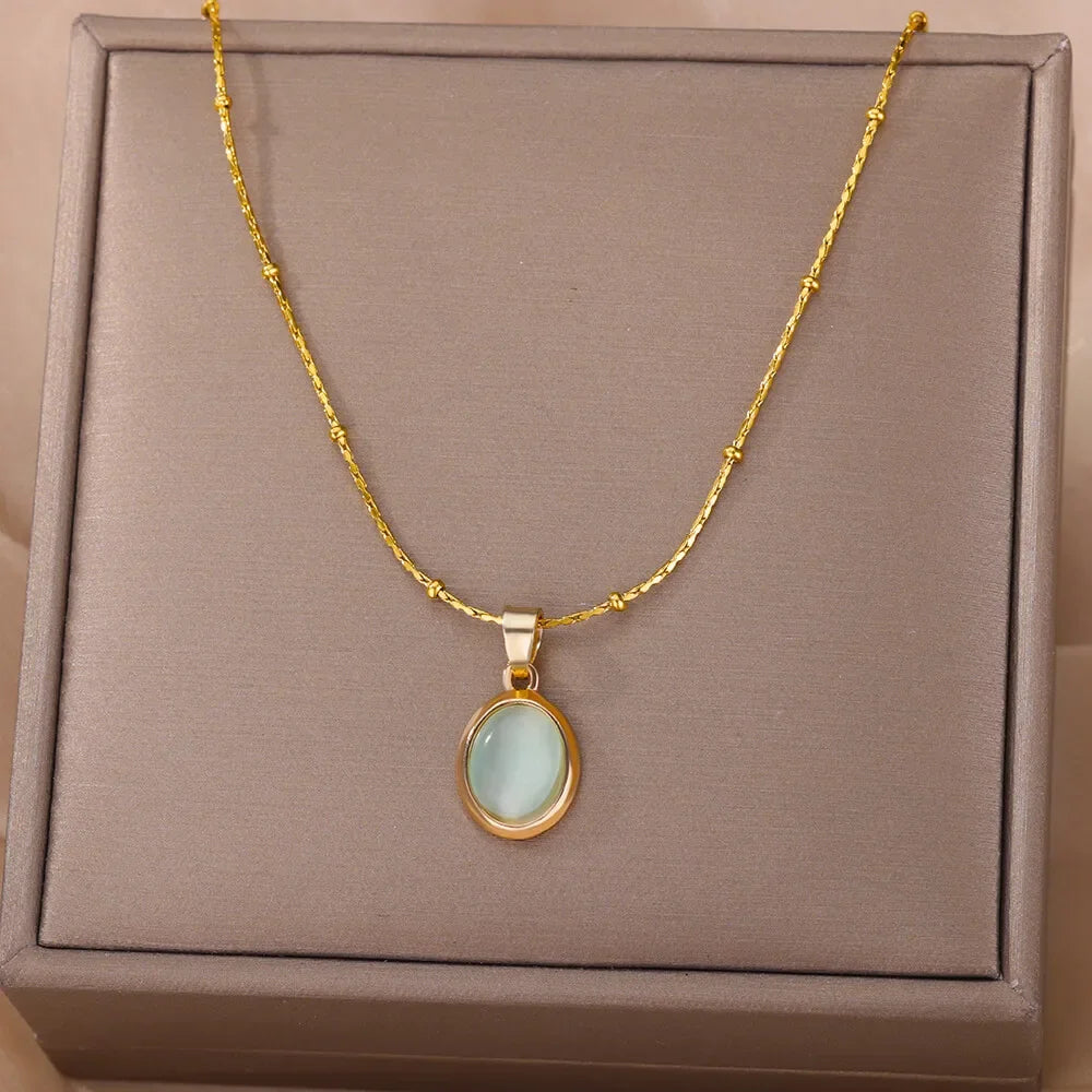 Chic Gold Stainless Steel Water Drop Opal Pendant Necklace