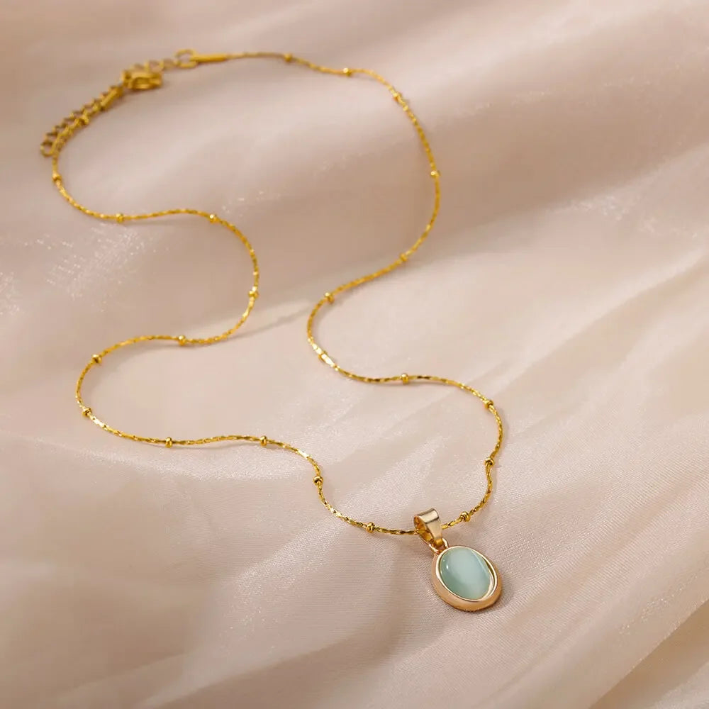 Chic Gold Stainless Steel Water Drop Opal Pendant Necklace