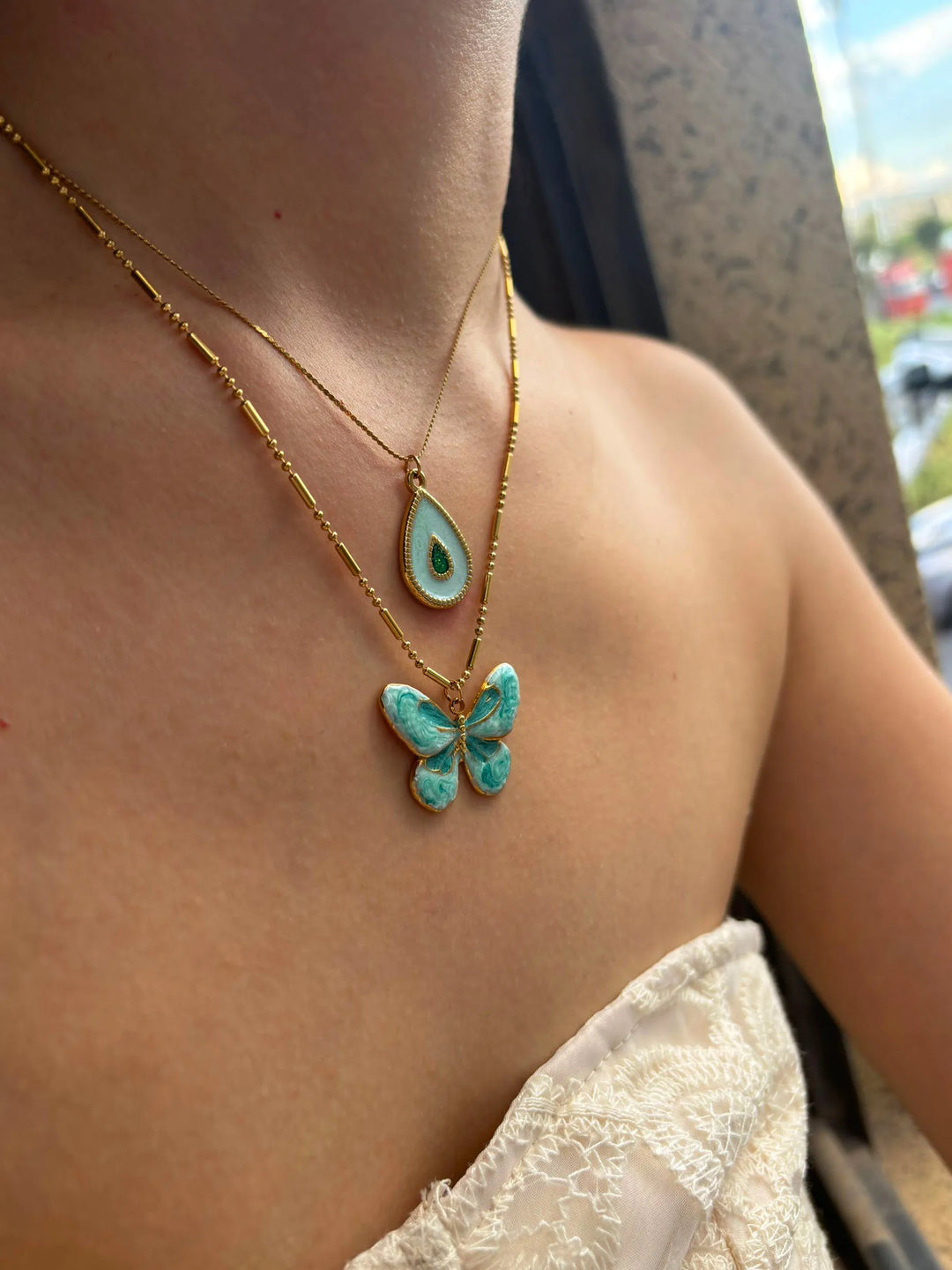 Cute Blue Butterfly Waterdrop Necklace Set